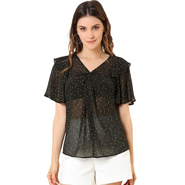 Womens Dots Print V Neck Flutter Sleeve Ruffled Sheer Chiffon Blouse 5277