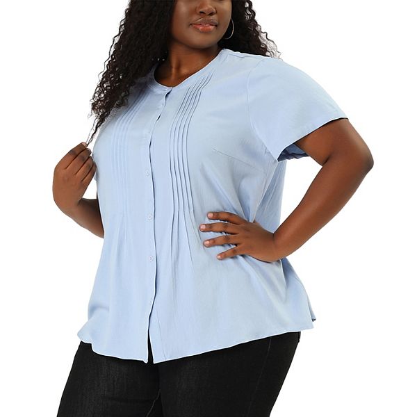 Women's Plus Size Work Formal Plain Short Sleeve Button Down Pintuck Shirts