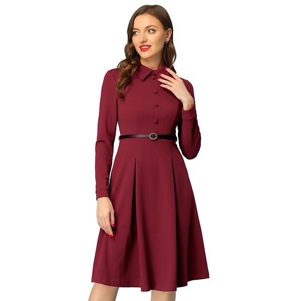 Women's Point Collar Zipper Belted Pleated Fit And Flare Shirt Dress