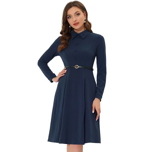 Women's Point Collar Zipper Belted Pleated Fit and Flare Shirt Dress