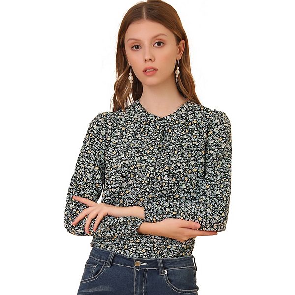 Women's Casual Pleated Front Half Placket Long Sleeve Floral Peasant Blouse