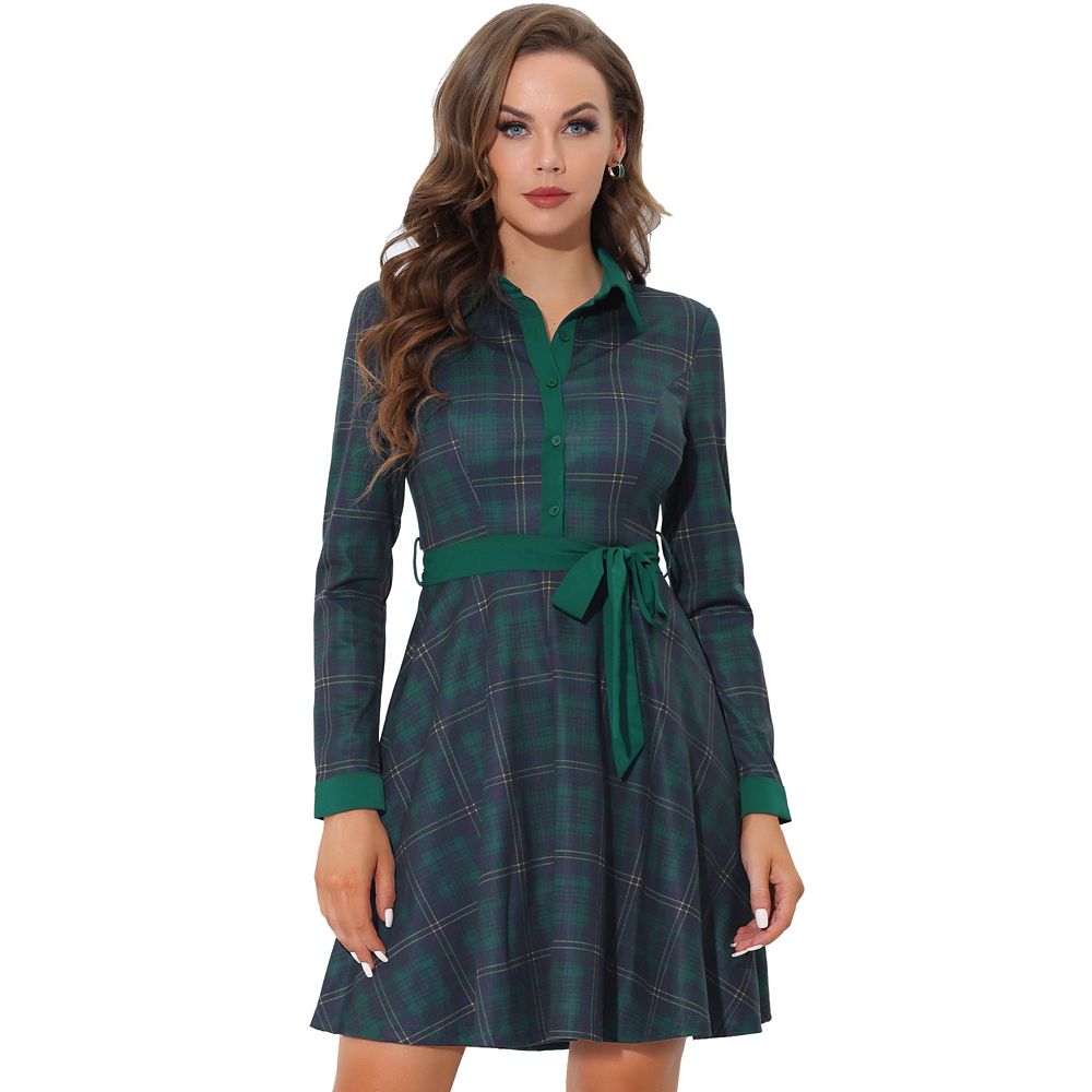 Plaid Button Front Tie Waist Shirt Dress main image 0