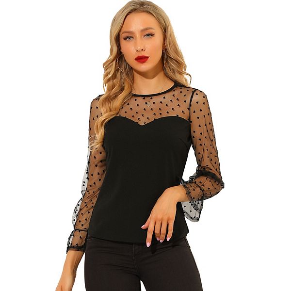 Women's Lace Round Neck Heart Dots Sheer Blouse Long Mesh Sleeve Top