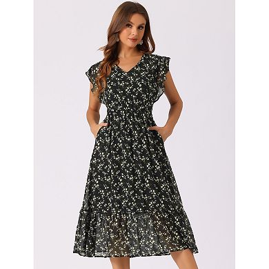 Women's Floral Chiffon Elastic Waist V Neck Ruffled Hem Dress