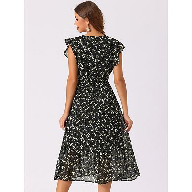 Women's Floral Chiffon Elastic Waist V Neck Ruffled Hem Dress