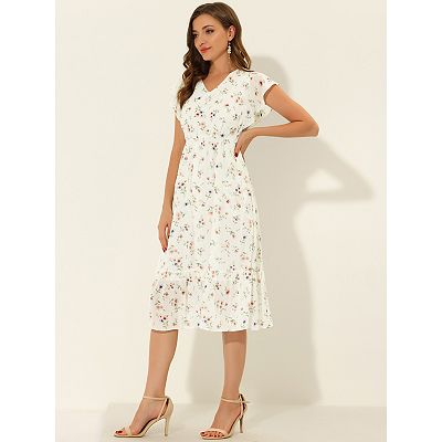 Women's Floral Chiffon Elastic Waist V Neck Ruffled Hem Dress