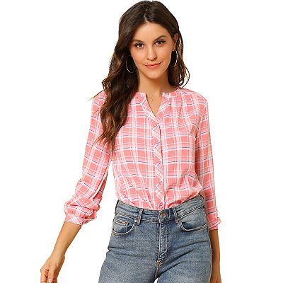 Women's Plaid Shirt Button Up V Neck Long Sleeve Peasant Blouse