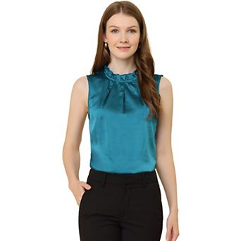 Sleeveless Blouses for Women's Mock Neck Ruffles Elegant Satin Work Tops