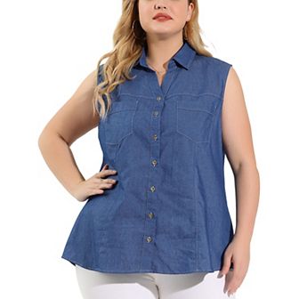 Women's Plus Size Chambray Sleeveless Button Work Shirts