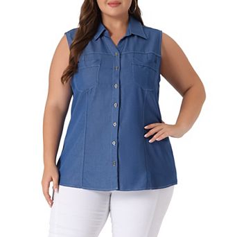 Women's Plus Size Chambray Sleeveless Button Work Shirts