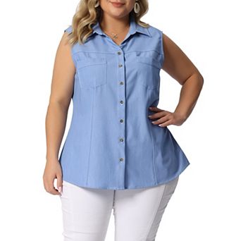 Women's Plus Size Chambray Sleeveless Button Work Shirts