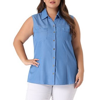 Women's Plus Size Chambray Sleeveless Button Work Shirts