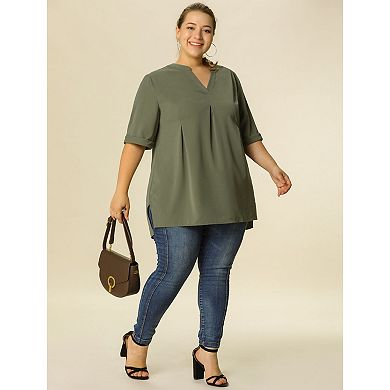 Women's Plus Size Fall Casual Solid V Neck 1/2 Sleeve Tunic Top