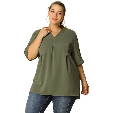 Women's Plus Size Fall Casual Solid V Neck 1/2 Sleeve Tunic Top