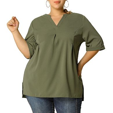 Women's Plus Size Fall Casual Solid V Neck 1/2 Sleeve Tunic Top