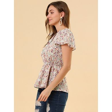 Women's Floral Print Smocked Blouse Flutter Sleeves Tie Collar Peplum Top