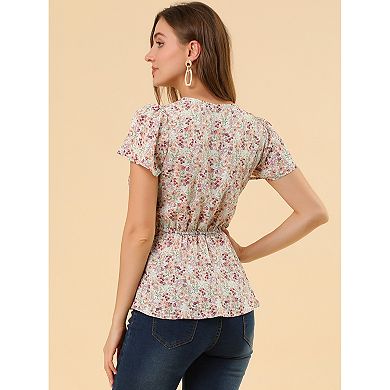 Women's Floral Print Smocked Blouse Flutter Sleeves Tie Collar Peplum Top