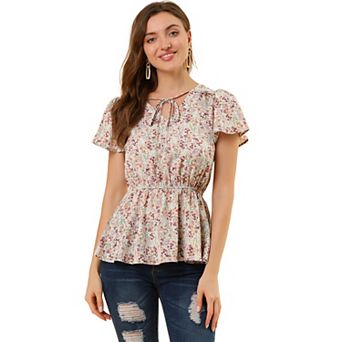 Women's Floral Print Smocked Blouse Flutter Sleeves Tie Collar Peplum Top