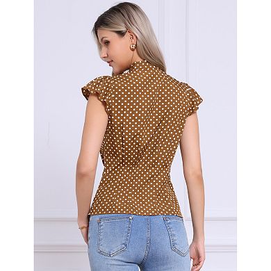 Women's Summer Polka Dots Top Bow Tie V Neck Ruffled Cap Sleeve Office Blouse