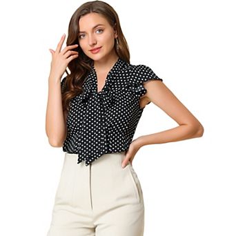 Women's Summer Polka Dots Top Bow Tie V Neck Ruffled Cap Sleeve Office Blouse
