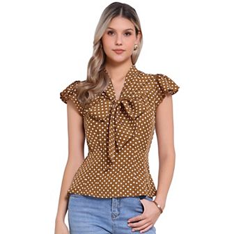 Women's Summer Polka Dots Top Bow Tie V Neck Ruffled Cap Sleeve Office Blouse
