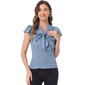 Women's Summer Polka Dots Top Bow Tie V Neck Ruffled Cap Sleeve Office Blouse