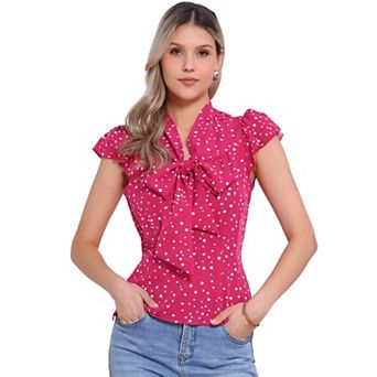 Women's Summer Polka Dots Top Bow Tie V Neck Ruffled Cap Sleeve Office Blouse