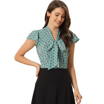 Women's Summer Polka Dots Top Bow Tie V Neck Ruffled Cap Sleeve Office Blouse