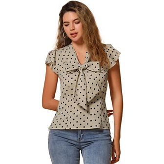 Women's Summer Polka Dots Top Bow Tie V Neck Ruffled Cap Sleeve Office Blouse