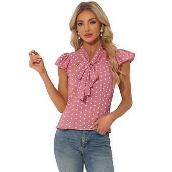 Women's Summer Polka Dots Top Bow Tie V Neck Ruffled Cap Sleeve Office Blouse