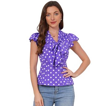 Women's Summer Polka Dots Top Bow Tie V Neck Ruffled Cap Sleeve Office Blouse