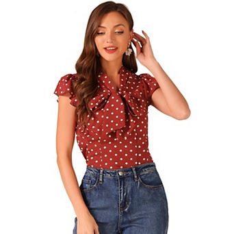 Women's Summer Polka Dots Top Bow Tie V Neck Ruffled Cap Sleeve Office Blouse