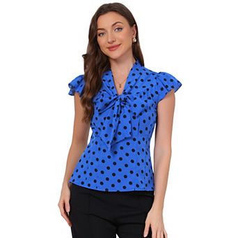 Women's Summer Polka Dots Top Bow Tie V Neck Ruffled Cap Sleeve Office Blouse