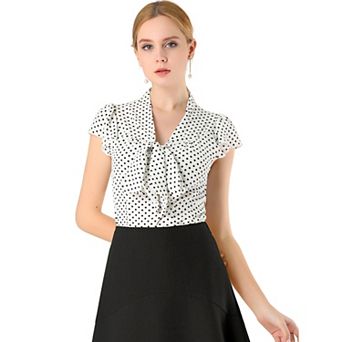 Women's Summer Polka Dots Top Bow Tie V Neck Ruffled Cap Sleeve Office Blouse
