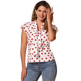 Women's Summer Polka Dots Top Bow Tie V Neck Ruffled Cap Sleeve Office Blouse