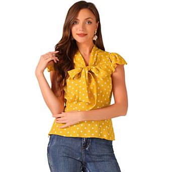 Women's Summer Polka Dots Top Bow Tie V Neck Ruffled Cap Sleeve Office Blouse