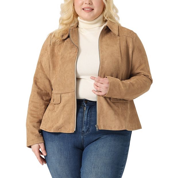 Women s Plus Size Lapel Flap Pockets Zip Up Faux Suede Jacket