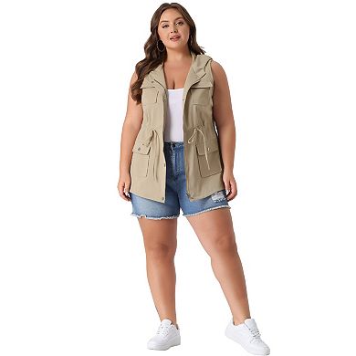 Women's Plus Size Utility Vest Sleeveless Anorak Cargo Drawstring Jacket