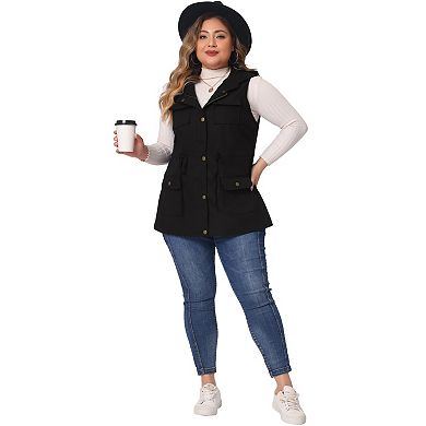 Women's Plus Size Utility Vest Sleeveless Anorak Cargo Drawstring Jacket