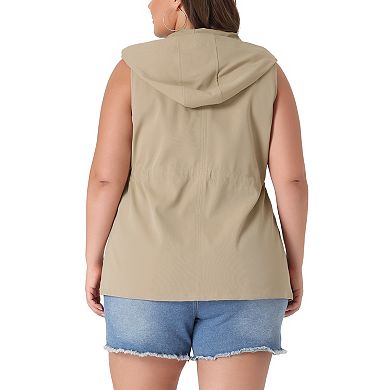 Women's Plus Size Utility Vest Sleeveless Anorak Cargo Drawstring Jacket