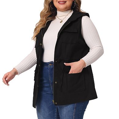 Women's Plus Size Utility Vest Sleeveless Anorak Cargo Drawstring Jacket