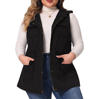 Women's Plus Size Utility Vest Sleeveless Anorak Cargo Drawstring Jacket