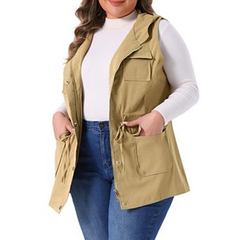 Women's Plus Size Utility Vest Sleeveless Anorak Cargo Drawstring Jacket