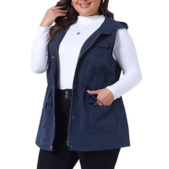 Women's Plus Size Utility Vest Sleeveless Anorak Cargo Drawstring Jacket