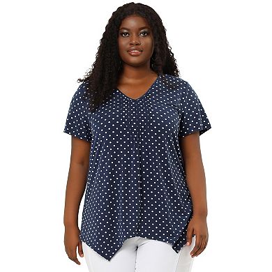 Women's Plus Size V Neck Short Sleeve Asymmetric Hem Polka Dots Pintuck Top