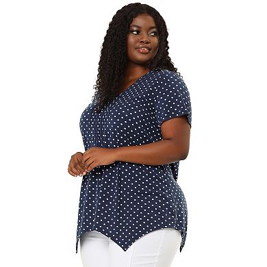 Women's Plus Size V Neck Short Sleeve Asymmetric Hem Polka Dots Pintuck Top