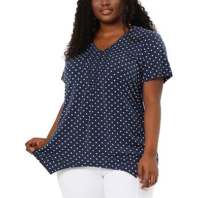 Women's Plus Size V Neck Short Sleeve Asymmetric Hem Polka Dots Pintuck Top