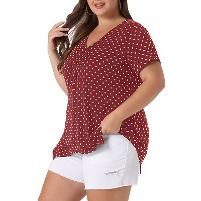 Women's Plus Size V Neck Short Sleeve Asymmetric Hem Polka Dots