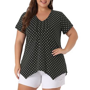 Women's Plus Size V Neck Short Sleeve Asymmetric Hem Polka Dots Pintuck Top