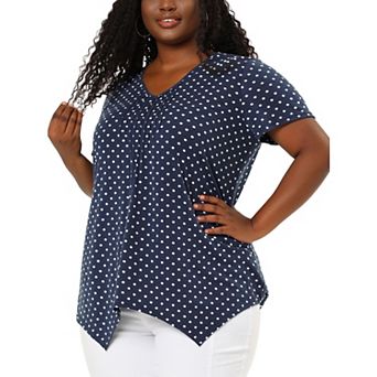 Women's Plus Size V Neck Short Sleeve Asymmetric Hem Polka Dots Pintuck Top